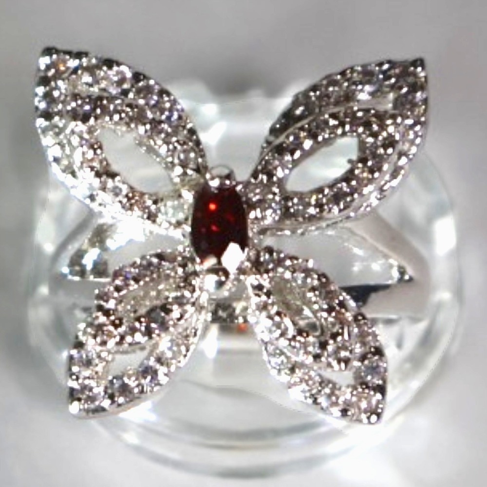 Swarovski Crystal Butterfly Ring Silver Overlay Red Marquise Statement Size 8
